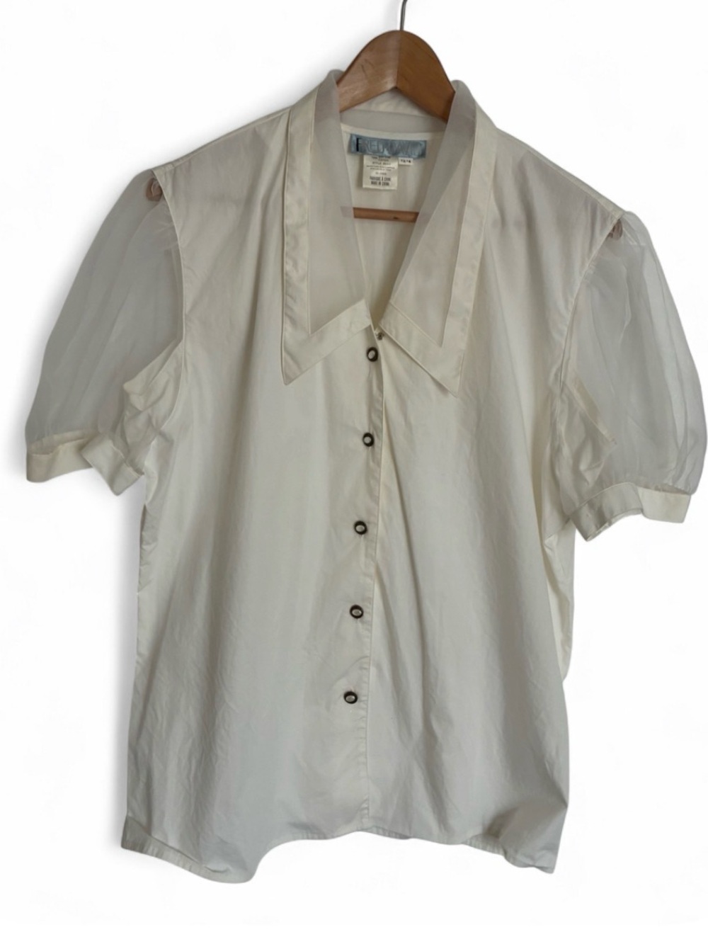 Fred David Vintage Puff Sleeve Button-Down Blouse with Pointed Collar 13/14